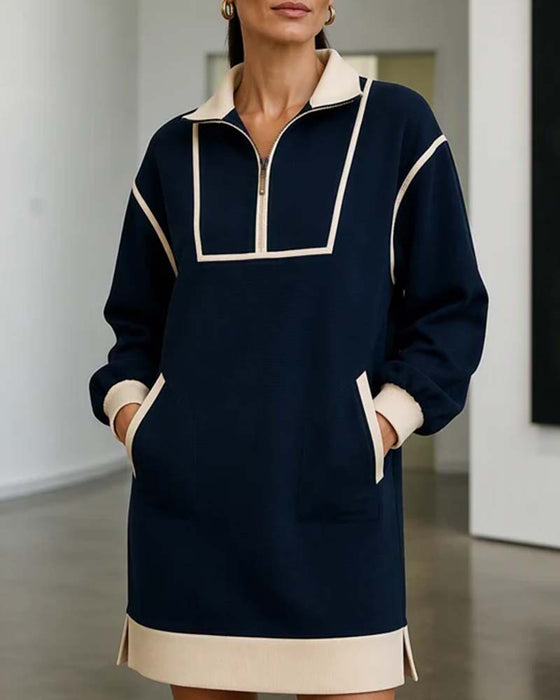Kleid Halb Zip Langarm Farbblock Kurz