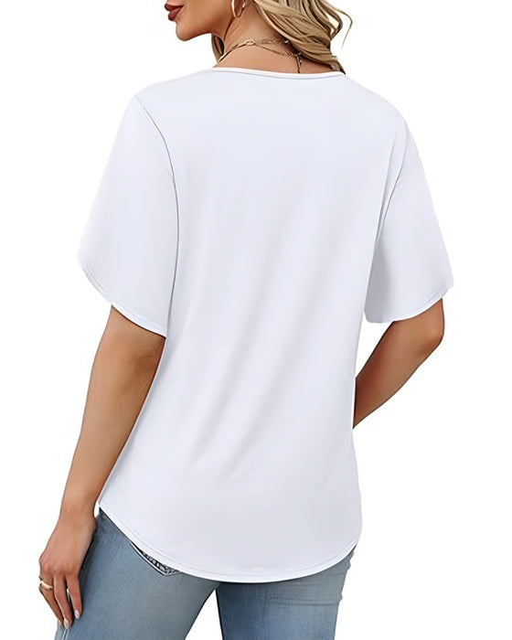 T-Shirt V-Ausschnitt Kleiner Schlitz Kurzarm Einfarbig