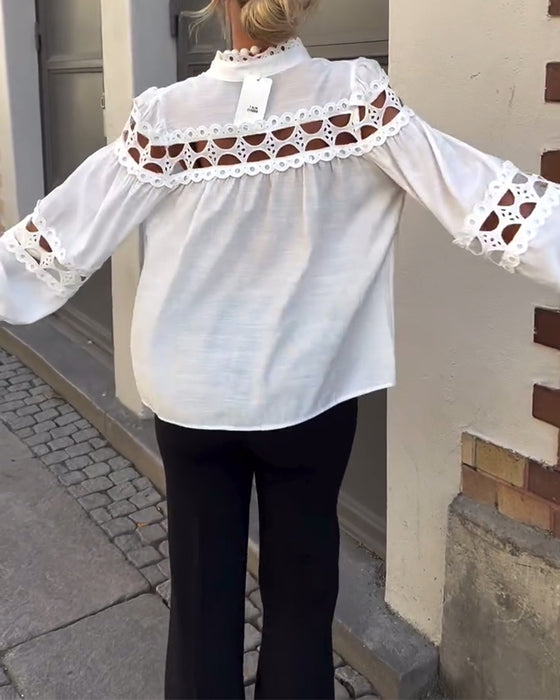 Bluse Stehkragen Hohl Spitze