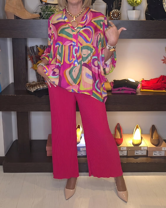 Bluse Bunt Geometrisch Puffärmel Bedruckt