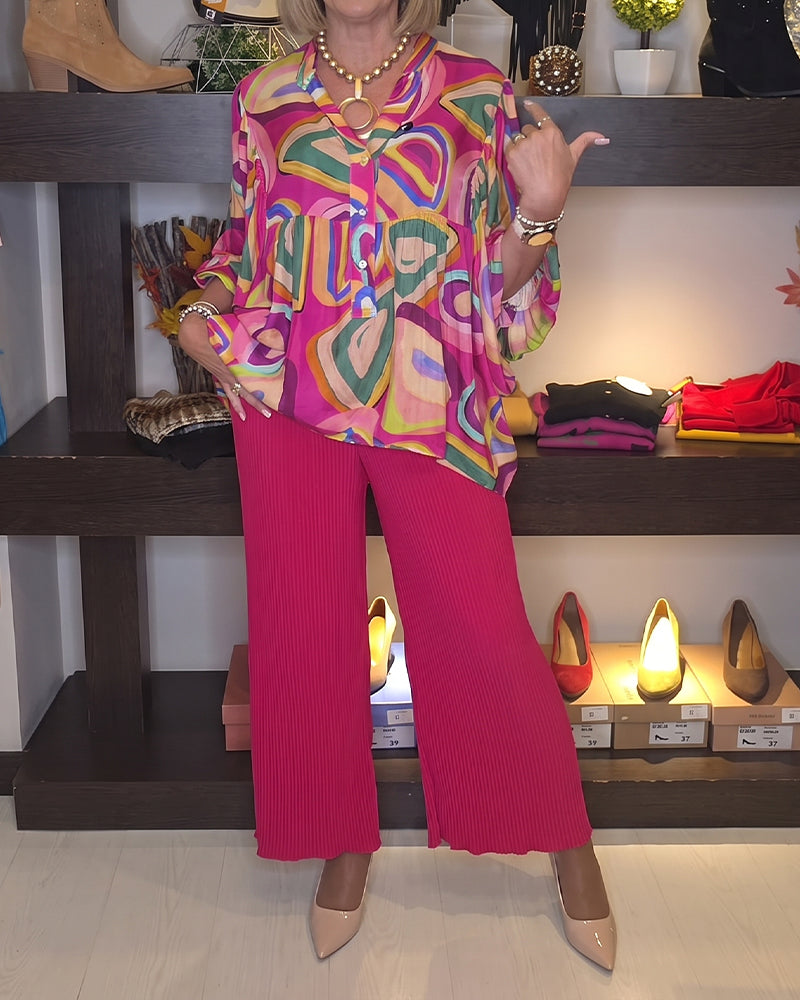Bluse Bunt Geometrisch Puffärmel Bedruckt
