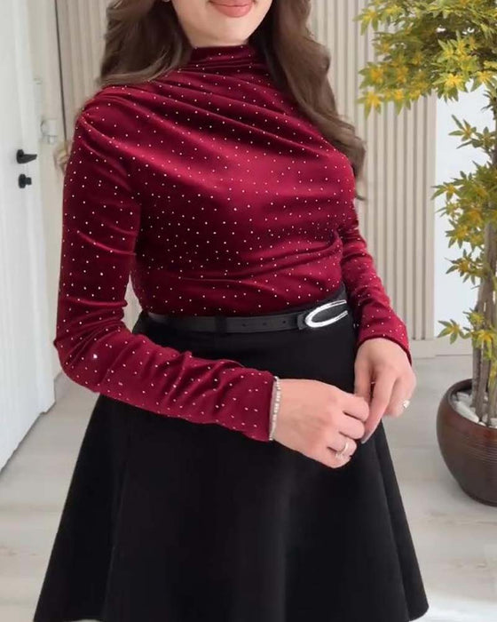 Unifarbenes schimmerndes Langarm-Top