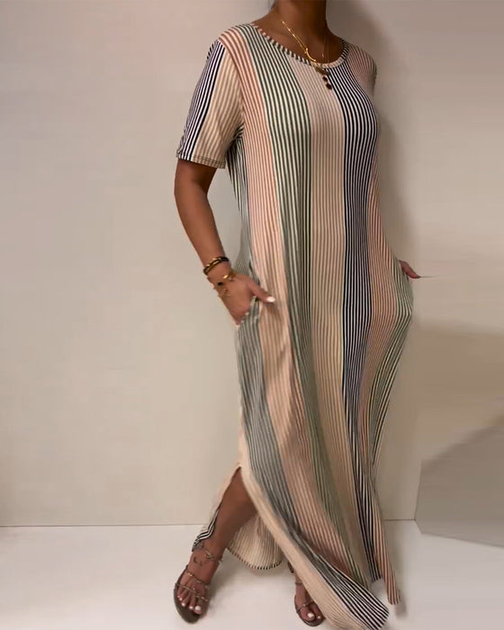 Kleid Gestreift Schlitz Casual Long
