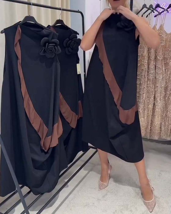 Kleid Dreidimensional Blütenblatt Rüsche Farbkontrast Ärmellos