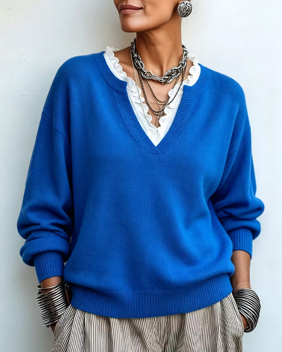 Pullover Faux Zweiteilig V-Ausschnitt Spitzenbesatz