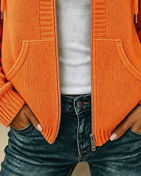 Sweater Mantel Kapuze Reißverschluss Tasche Kordel