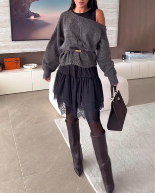 Off-Shoulder Locker Pullover & Spitzensaum Kleid