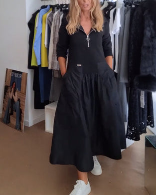 Kleid lässig Reißverschluss Kapuze Patchwork Tasche