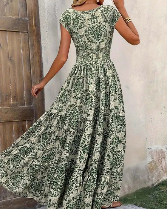 Kleid Retro Print V-Ausschnitt Tailliert Lang