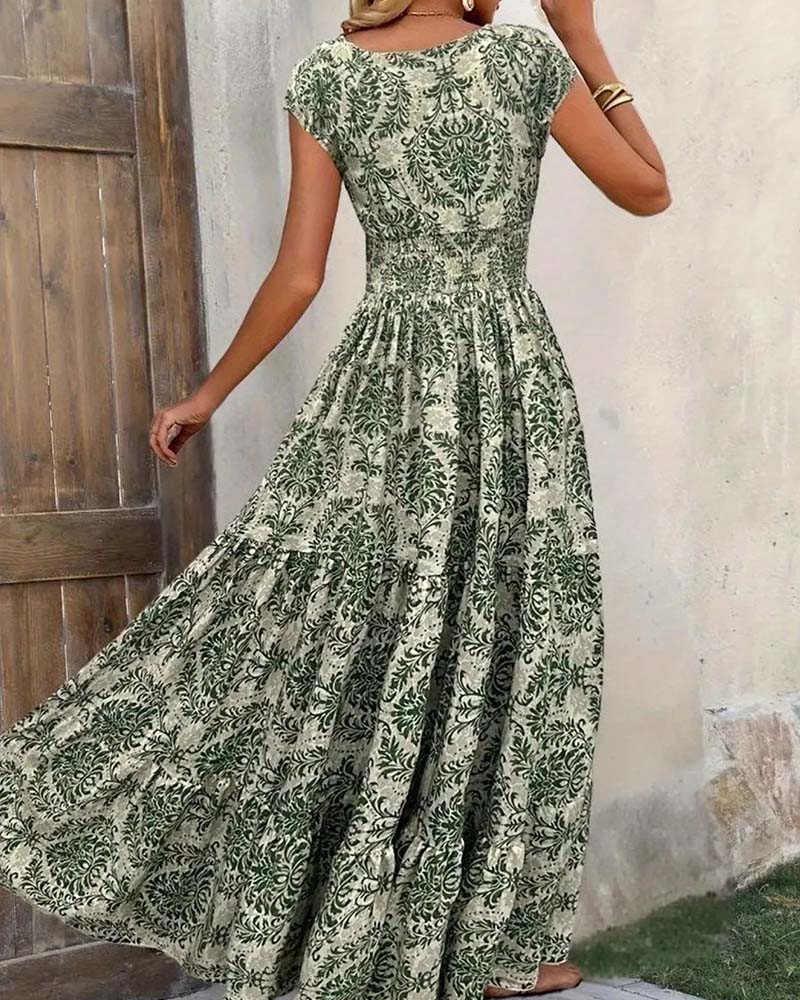 Kleid Retro Print V-Ausschnitt Tailliert Lang