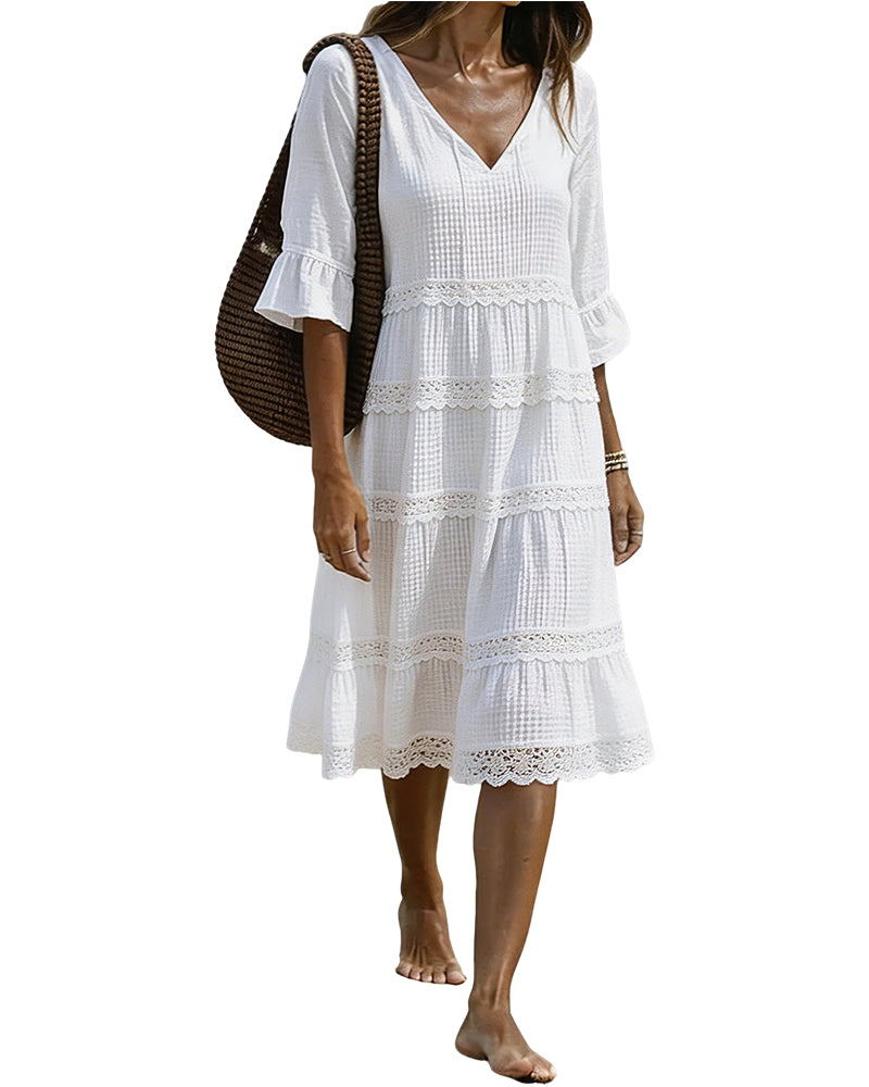 Kleid V-Ausschnitt Spitze Patchwork Mittelarm