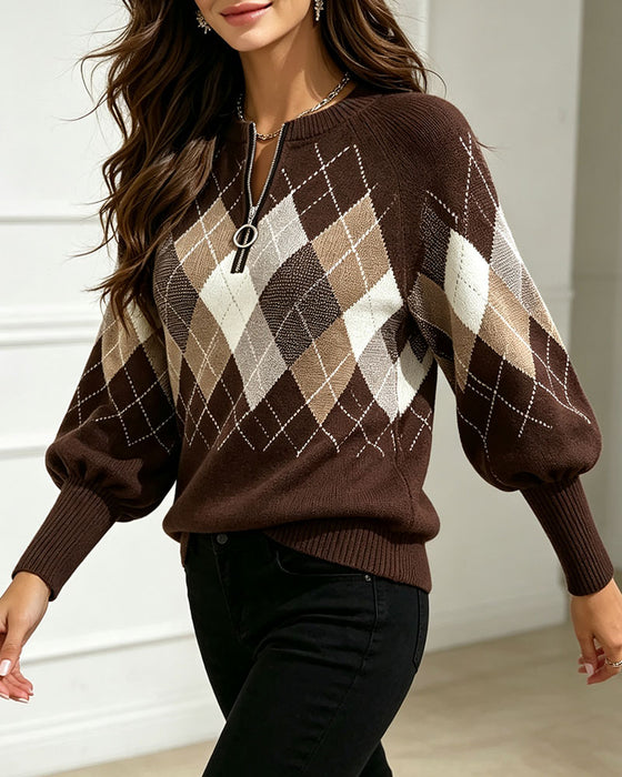 Pullover Karomuster Jacquard Halb-Zip Laternenärmel