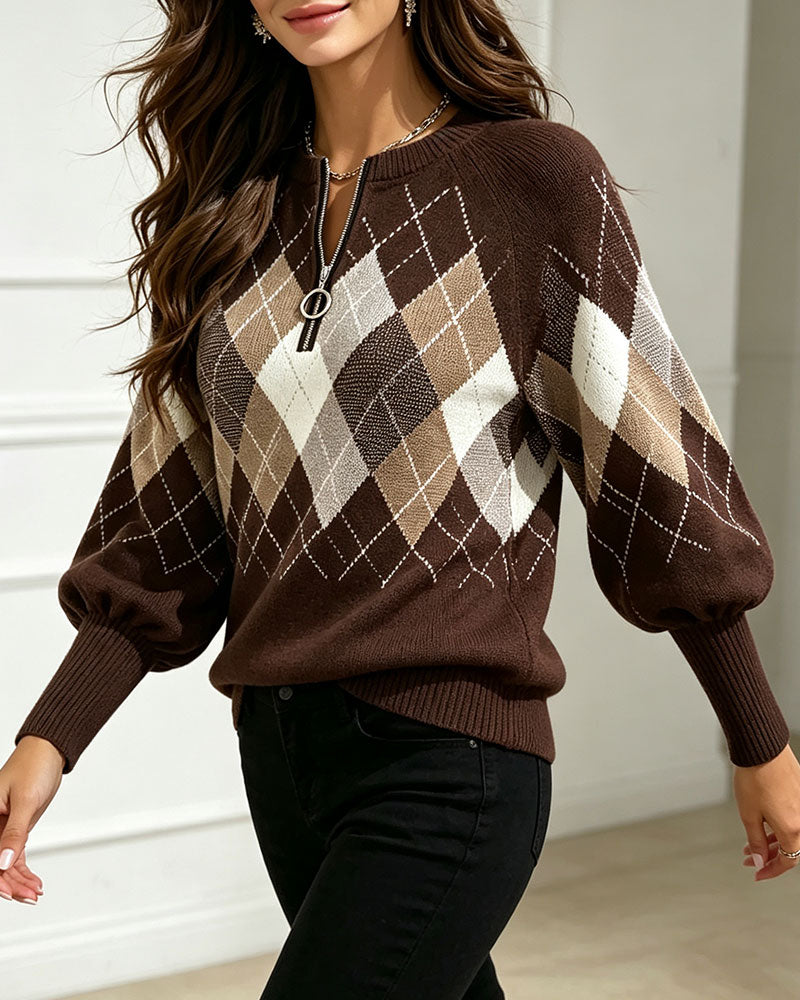 Pullover Karomuster Jacquard Halb-Zip Laternenärmel