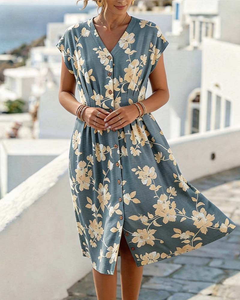 Kleid V-Ausschnitt Print Tailliert Knopfleiste