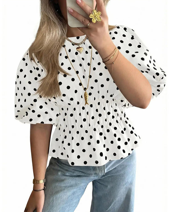 Bluse Pünktchen Off-Shoulder Tailliert Blasenärmel