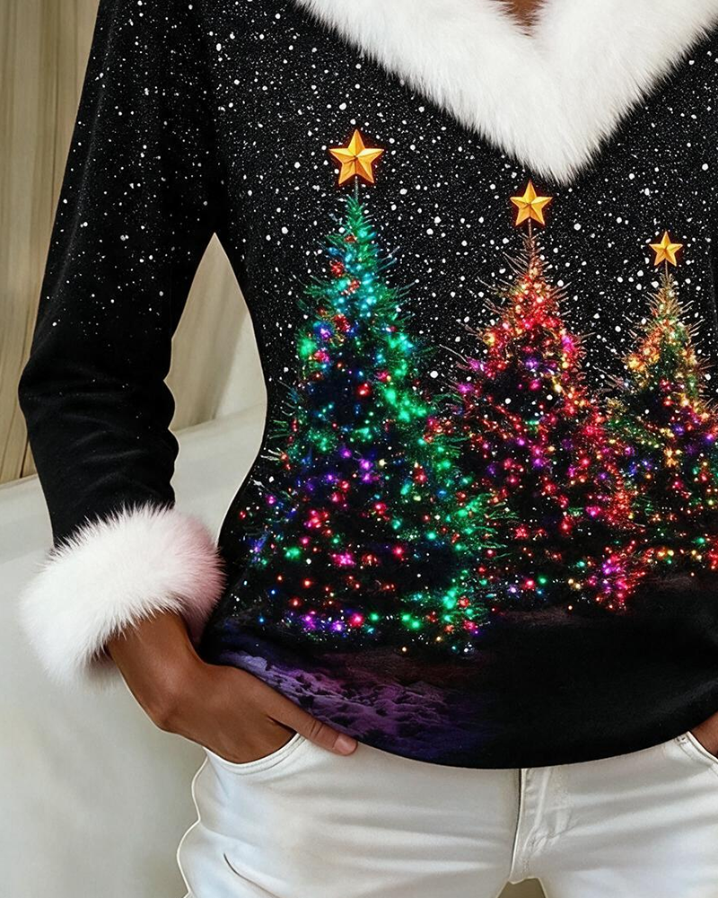 Top Weihnachtsbaum Druck Plüsch V-Ausschnitt