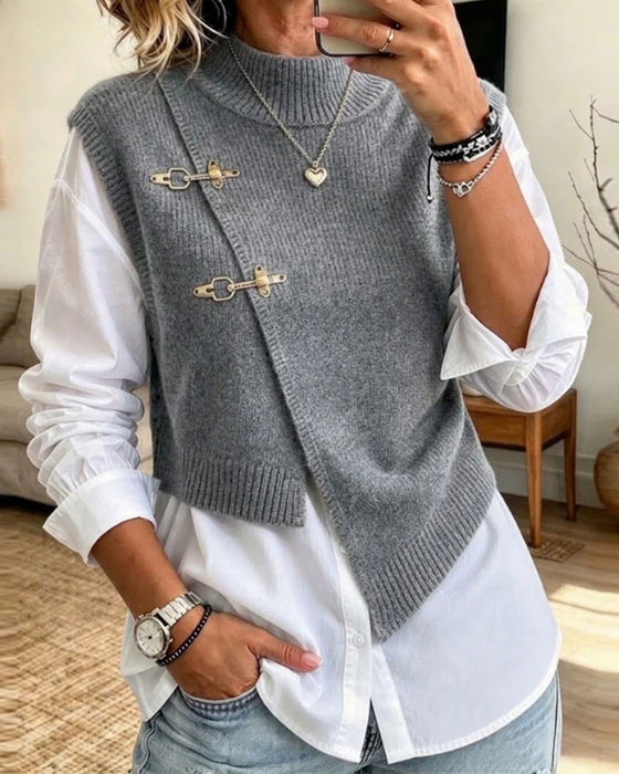 Set Halber Rollkragen Diagonal Geknöpft Pullover Weste