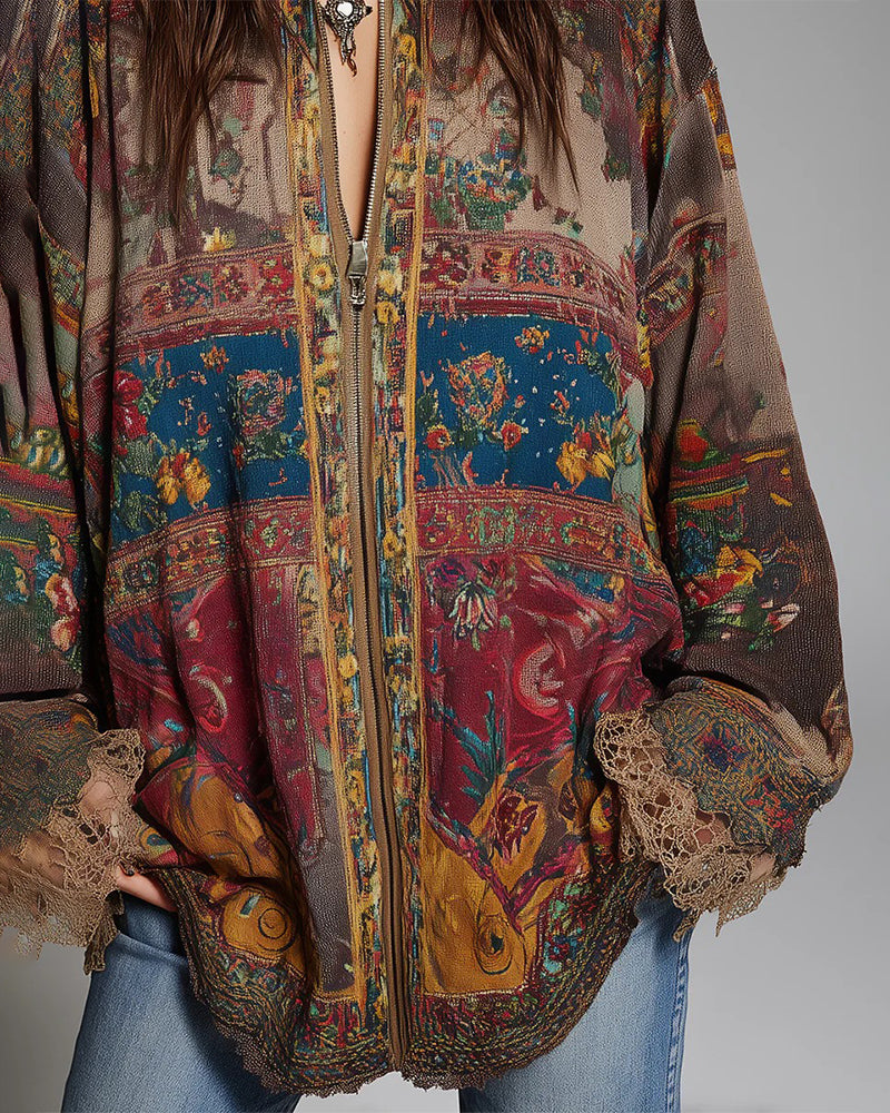 Bluse mit Spitzeneinsätzen und Blumenprint