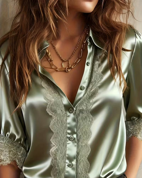 Satinhemd Mit Reverskragen Und Spitzenbesatz