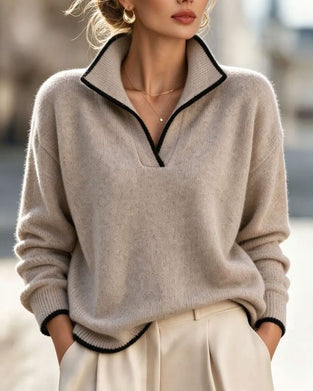 Pullover Revers V-Ausschnitt Kontrastierend Locker