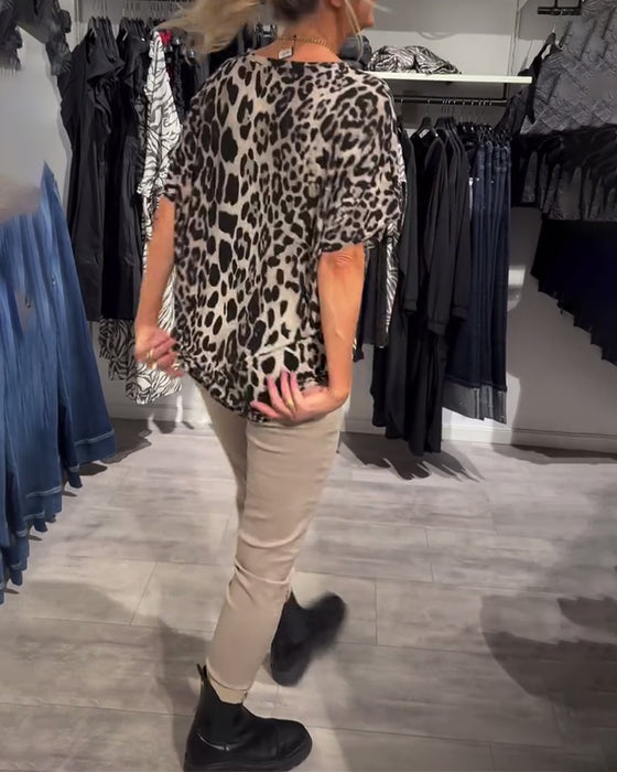 Bluse Rundhals Leopardenmuster Kurzärmlig