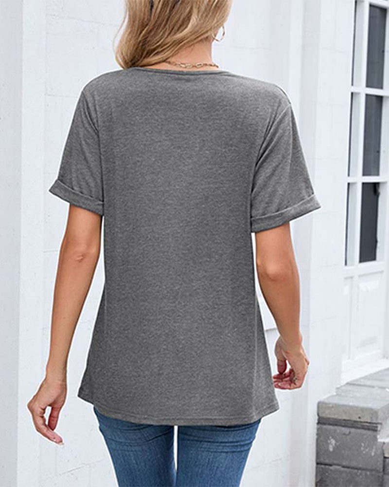 T-Shirt Einfarbig V-Ausschnitt Lässig Kurzarm