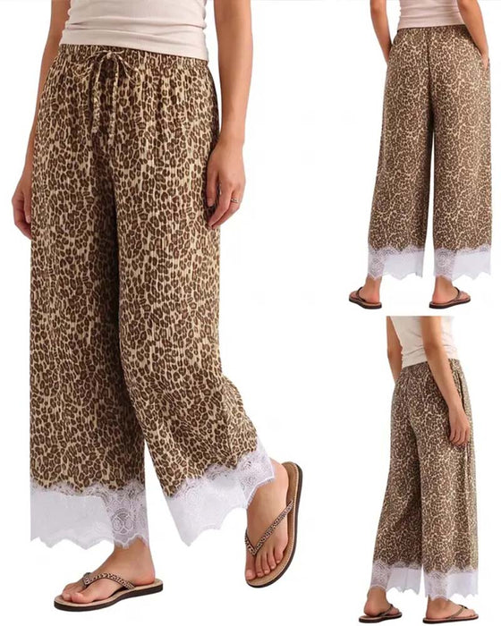 Hose Elastischer Bund Leopardenmuster Spitze Spliced Weites Bein