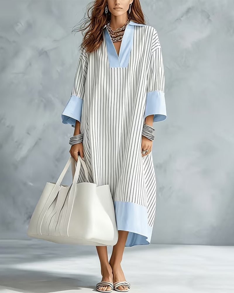 Kleid Farbblock Gestreift Hemd Lang