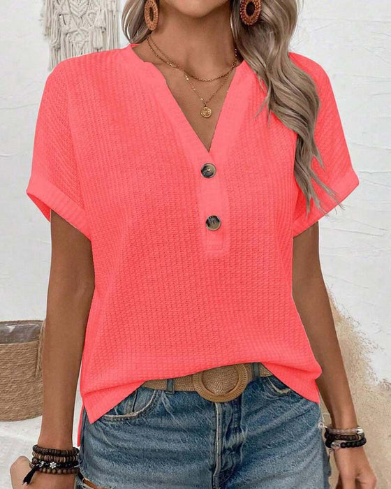 T-Shirt Waffel V-Ausschnitt Knopf
