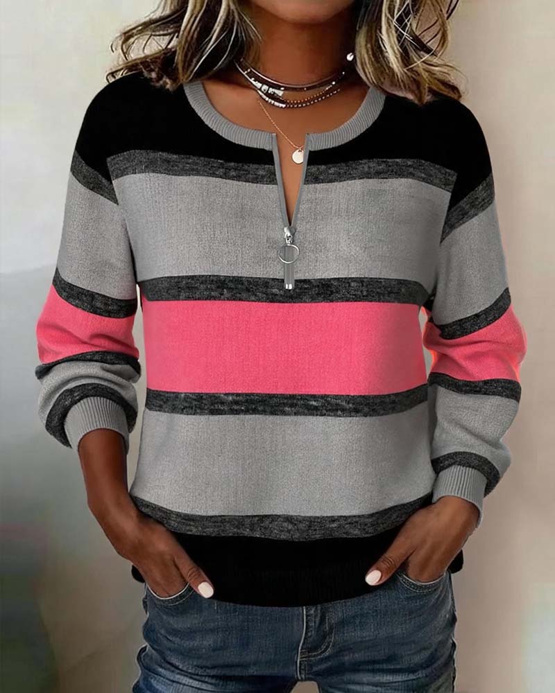 Sweatshirt Reißverschluss Gestreift Langarm