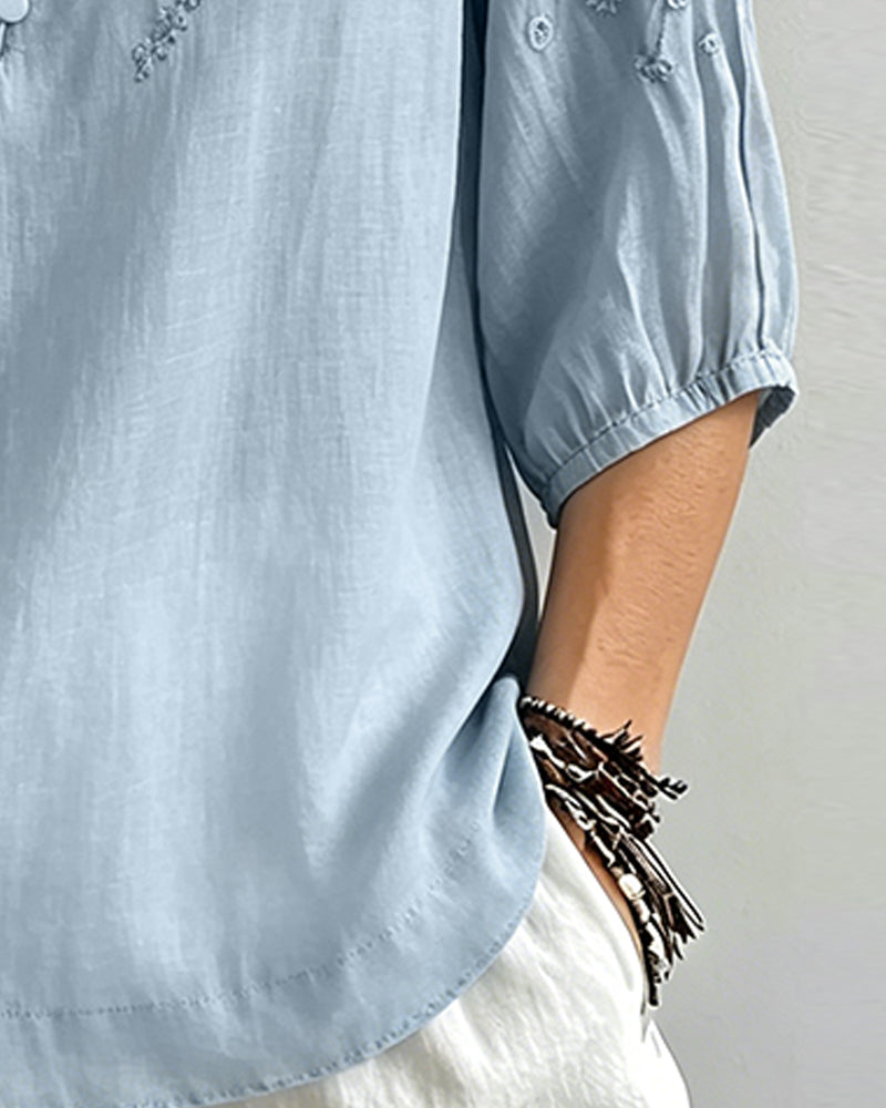 Bluse Stickerei 3/4-Arm Einfarbig