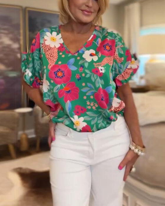 Bluse mit V-Ausschnitt Blumenmuster Kurzarm