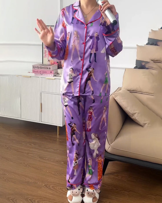 Bedrucktes Pyjama-Set Mit Langärmligem Revers
