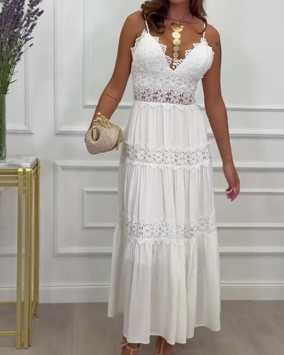 Kleid Spitze Patchwork Spaghettiträger V-Ausschnitt