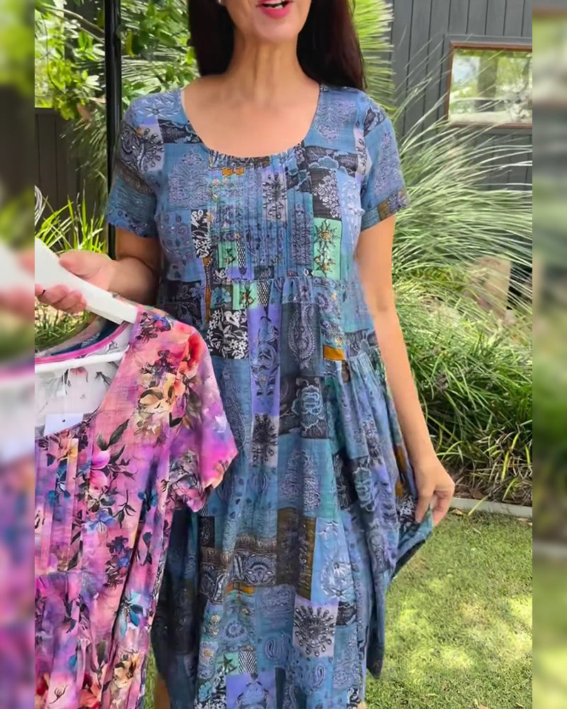 Kleid Rundhals plissiert bedruckt A-Linie