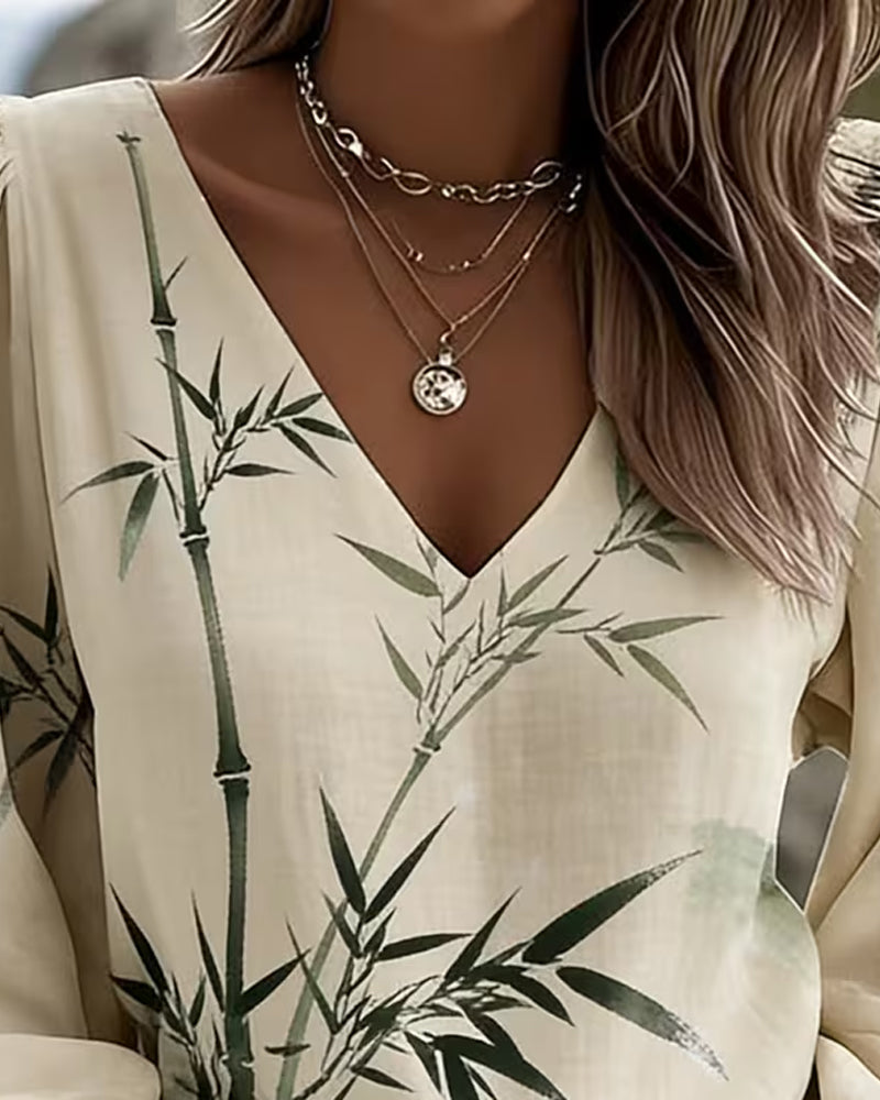 Bluse Nebel Tintenstil Bambusdruck V-Ausschnitt Puffärmeln