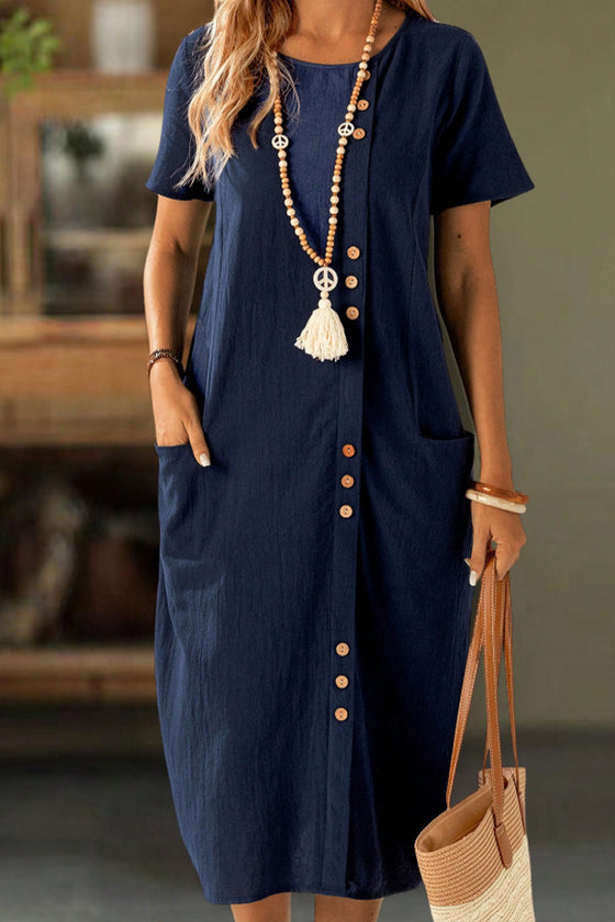 Kleid Geknöpft Kurzarm Tasche Shift