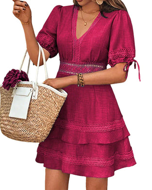 Kleid V-Ausschnitt Gestuft Einfarbig Spitze Patchwork