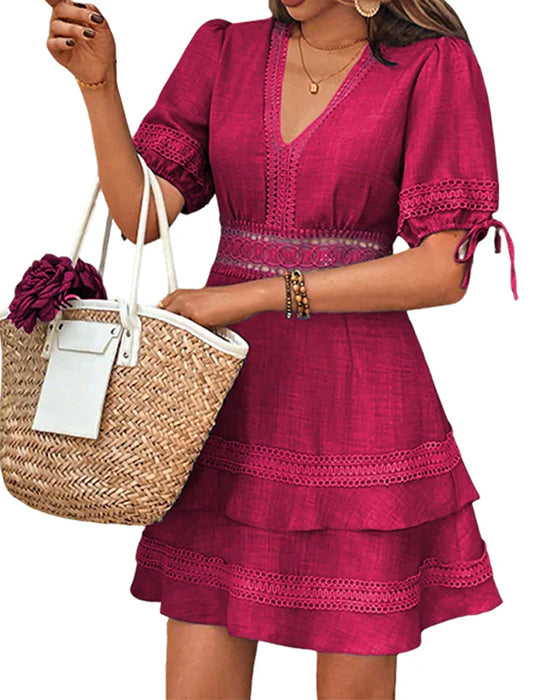 Kleid V-Ausschnitt Gestuft Einfarbig Spitze Patchwork