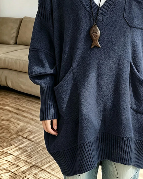 Pullover V-Ausschnitt Tasche Lang