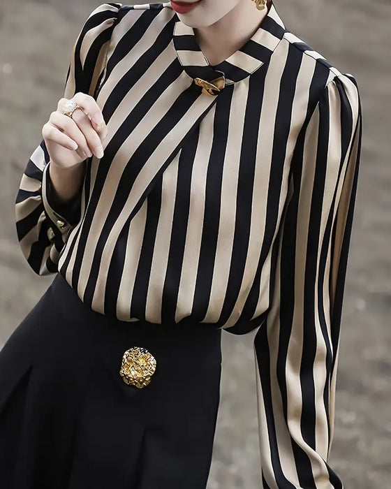 Bluse Drapierung Stehkragen gestreift