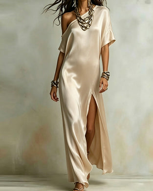 Kleid Satin Ein Schulter Schlitz Maxi