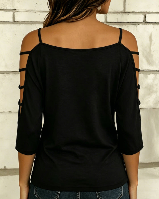 T-Shirt Uni Farbe Ellenbogenlang Ärmel Off-Shoulder