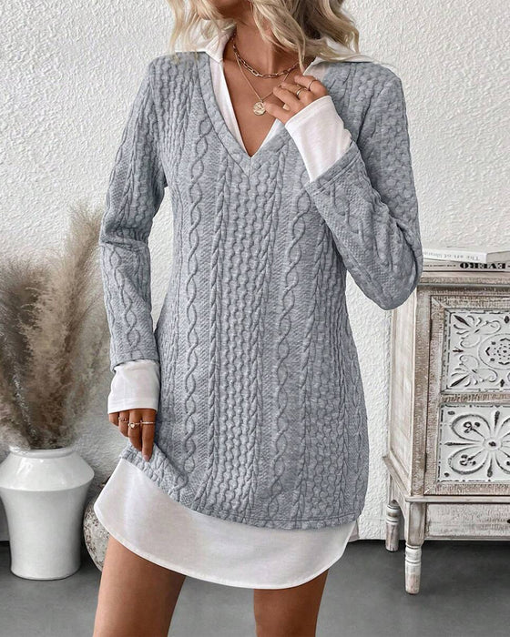 Kleid Hemdkragen Fake Zweiteilig Gestrickt