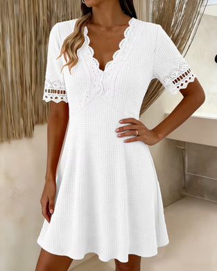 Kleid V-Ausschnitt Spitze Patchwork Waffel