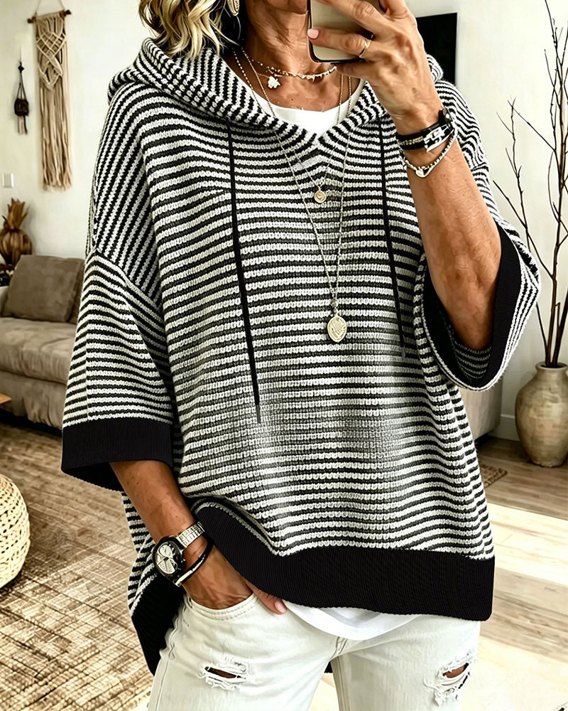 Pullover Gestreift Mit Kapuze Fledermausärmel