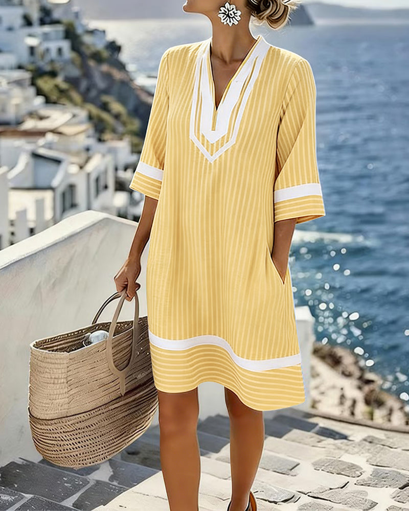 Kleid V-Ausschnitt Kurzarm Gestreift