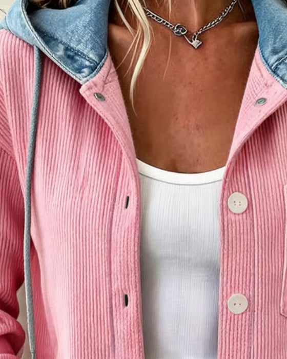 Mantel Kapuze Gerippt Denim Patchwork Geknöpft