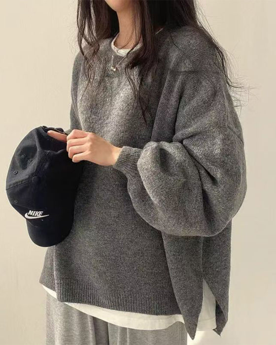 Pullover Rundhals Seite Schlitz