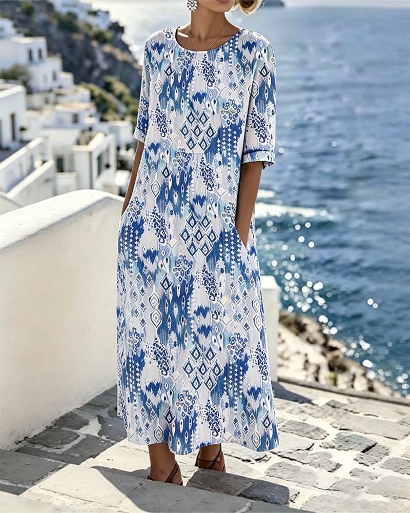 Kleid Runder Ausschnitt Resort Druck